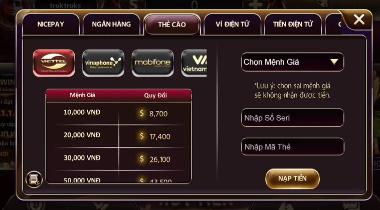 Hướng dẫn nạp tiền bằng thẻ cào tại Sunwin.